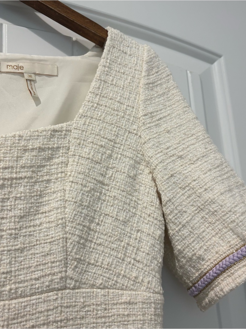 Maje Ranessa Dress EU 36 Chic Cream Textured Short-Sleeve with Lavender Piping - Picture 5 of 6